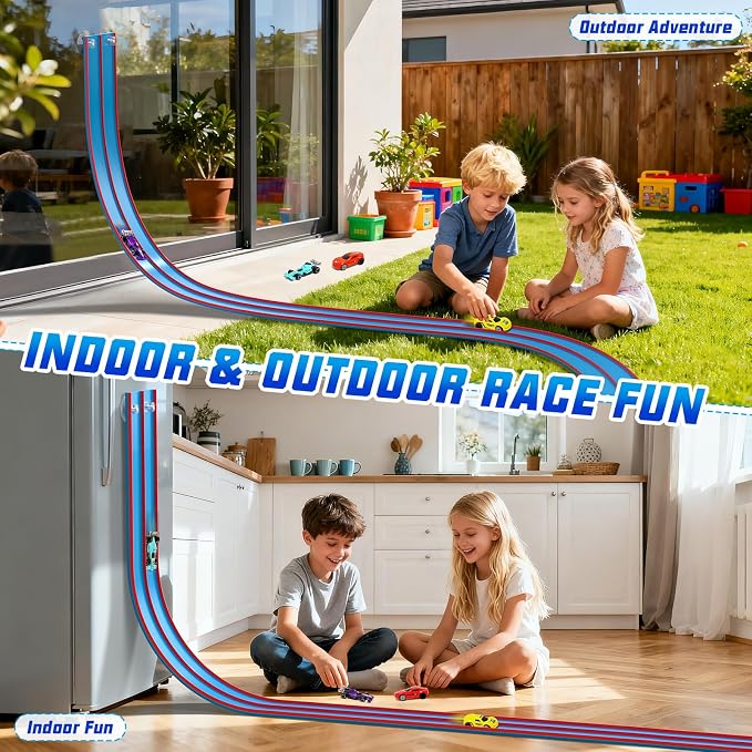 Sunrad 15Ft Flexible Race Car Track Toys for Kids with 4 Car & Suction Cups, Flex Tracks Starter Set Compatible with 1:64 Diecast Cars Portable Rolls Up DIY Racetrack, Gift for Boys Girls Age 3-5 4-8+