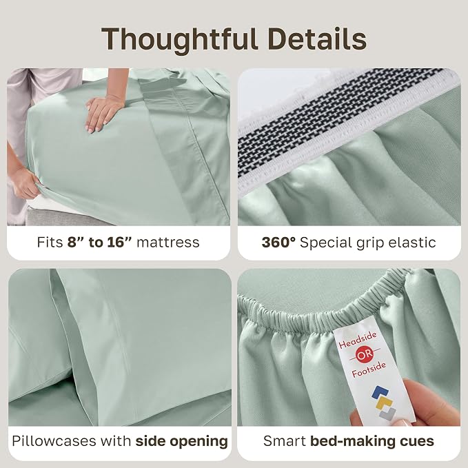 California Design Den Luxury King Size Sheets Set - Buttery Soft 800 Thread Count 100% Cotton Sateen, Durable Bed Sheets Set - Soft Celadon