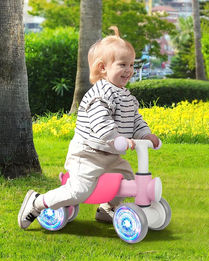 Balance Bike Toddler Outdoor Toys for 1 2 Year Old Girl Birthday Gifts | Baby Shower Gifts 4 Wheels Colorful Lighting Baby Bike with Music Ride On Toy for 1 2 Year Old