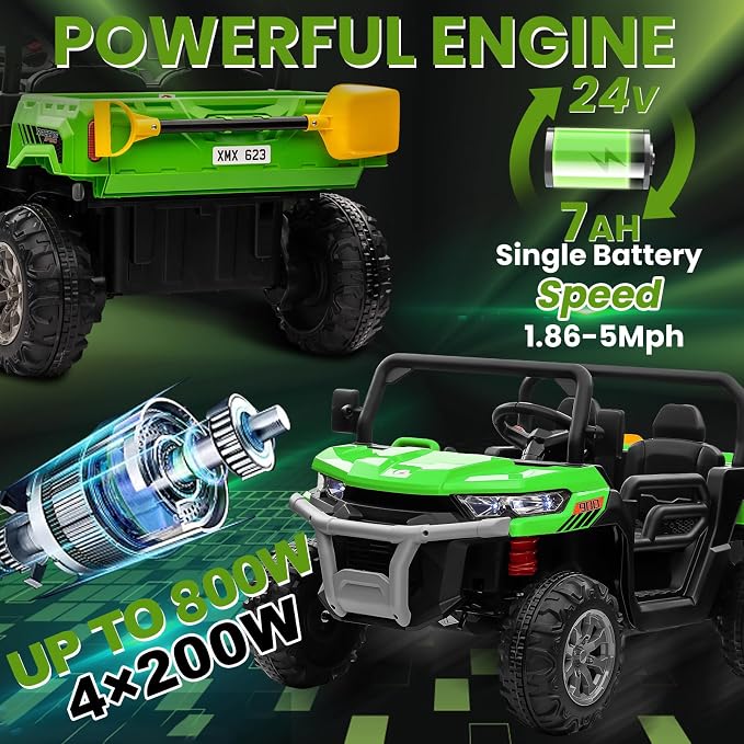 24V 4WD Ride on Truck Car w/4X200W Motor, Dump Bed, Gift Flower, 2 Seaters, Remote Control, 4 Wheeler, LED Light, Music, 24 Volt Ride on Toys for Big Kids Girls 3-8, Green