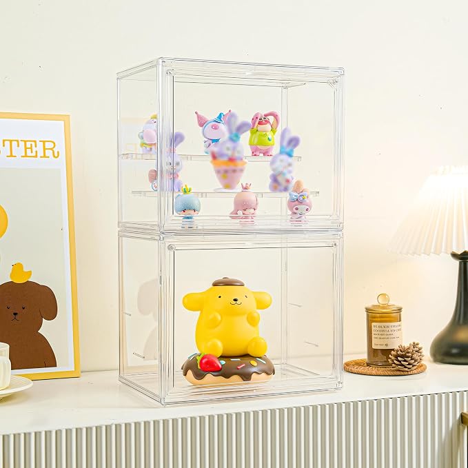 LXLXXL Small Acrylic Display Case for Collectibles 3 Layer Adjustable Display Case with Magnetic Door Clear Stackable Display Box for Mini Figures, 2 Pack