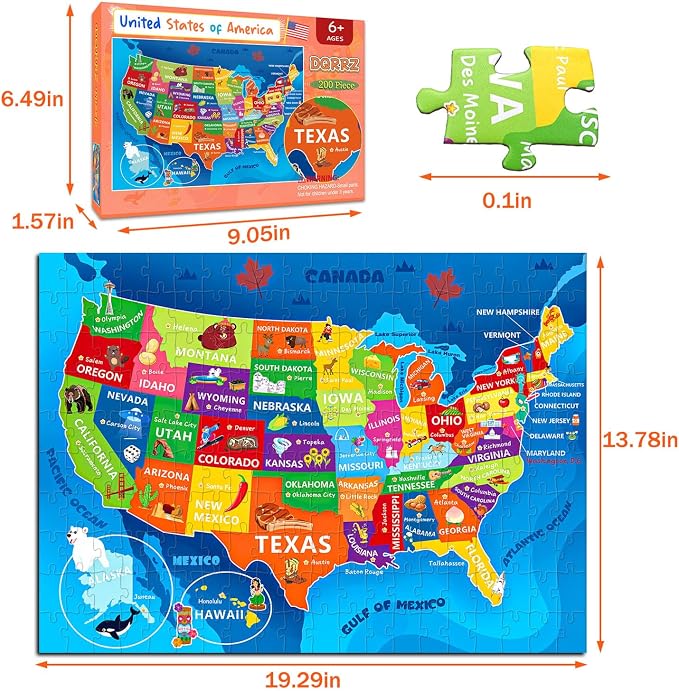 Puzzles for Kids Ages 6-8 8-10 10-12 Year Old - 200 Piece Jigsaw Puzzles for Kids Aged 6 to 12 - United States Puzzle - Colorful Children Puzzles for Girls and Boys Educational Toys