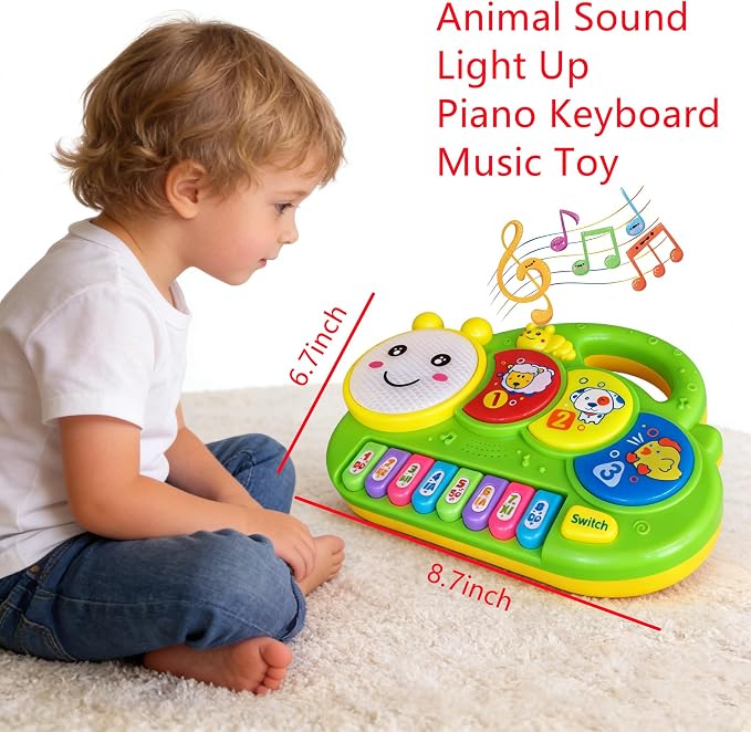 Baby Piano Drum Music Toy 6-12 Months, Caterpillar Light Up Musical Keyboard Animal Sound, Toddler 12-24 Early Learning Educational Interactive Infant Toys Girl Boy Gift 1 Year Old