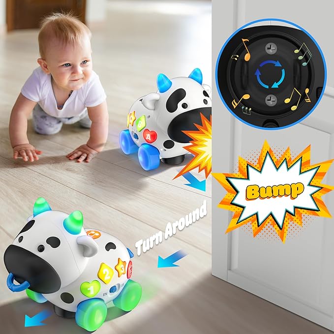 Baby Toys 6-12 Months, Bilingual Musical Cow Crawling & Pull Along Toy, English Spanish Learning Toy with Lights, Animal Sounds, ABC & 123 for Toddlers 12-18 Months, First Birthday Gift for Boys Girls