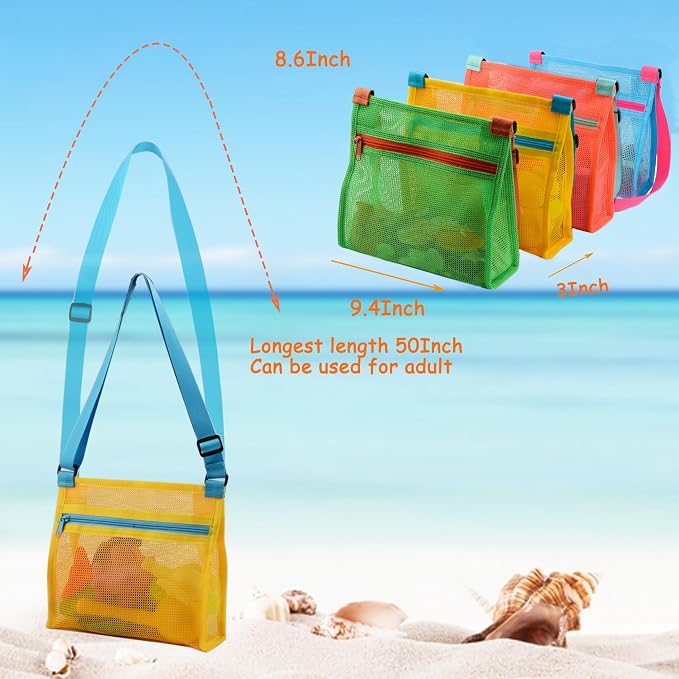 MUYIZI Mesh Beach Bag for Shells Collecting 4 Pack,Shell Bags for Beach,Sea Shell Bags for Picking Up Shells,Beach Shell Bag for Kids, Sand Toys,Beach Toys Swimming Accessories for Boys and Girls