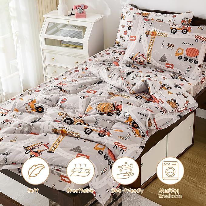 DJY Zipper Bedding Set Twin, Cars Bedding Sets for Boys, Kids Construction Comforter Set with Fitted Sheet Pillowcases, All in One Zipper Bed Set for All Seasons