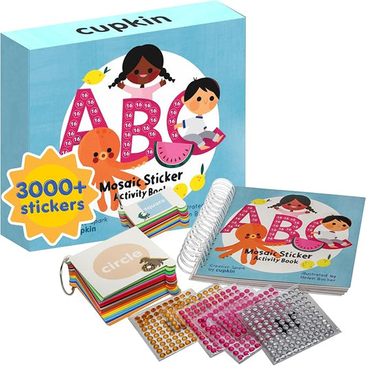 Mosaic Sticker Art 3000+ Kids Craft Kit by Cupkin, Fun Sticker by Number Activity Book, Road Trip Essentials, 52 Pages with Jewel & Foam Stickers, ABC Mosaics Art Craft Kit for Boys & Girls
