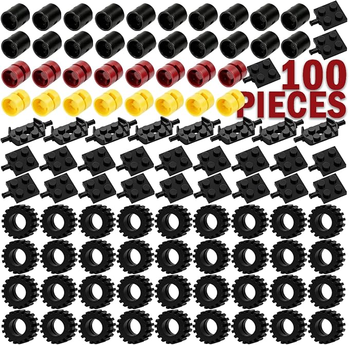 Pamvava Car Wheels and Axles Sets,100 Pieces Car Parts Building Kit with Tires, Vehicle Truck Wheel Compatible with Classic Bricks Toys (Black/Red/Yellow)