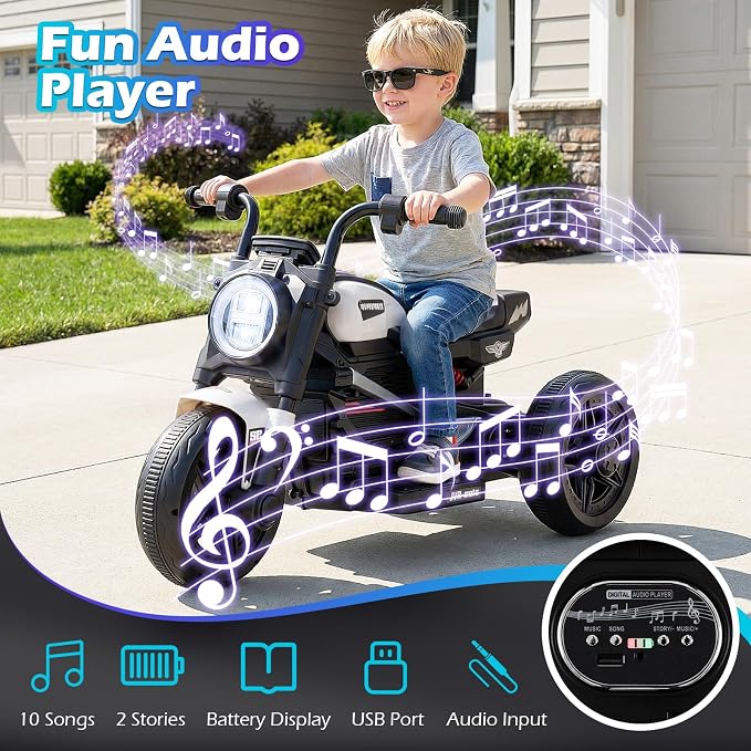 Costzon Toddler Motorcycle, 6V Chopper Kids Motorcycle Ride On Toy with LED Headlight, Music, Story, 3-Wheel Stable Electric Motorbike for Toddlers Boys Girls (White, 31" x 18.5" x 19.5"(L x W x H))
