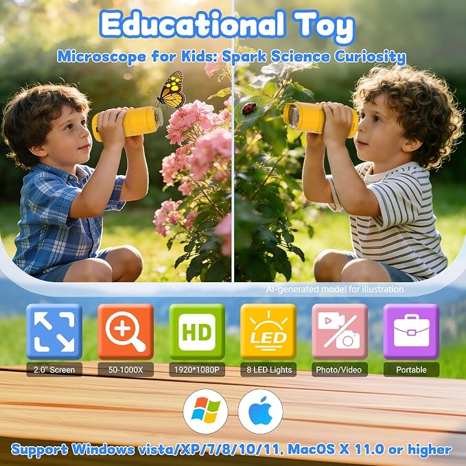 1000X Handheld Microscope for Kids: Pocket Digital Microscope with 1080P&2.0''IPS Screen&Photo/Video - Portable Edu Science Kits for Girls Boys - STEM Toys Birthday Gifts Ages 3-6 6-12(Orange)