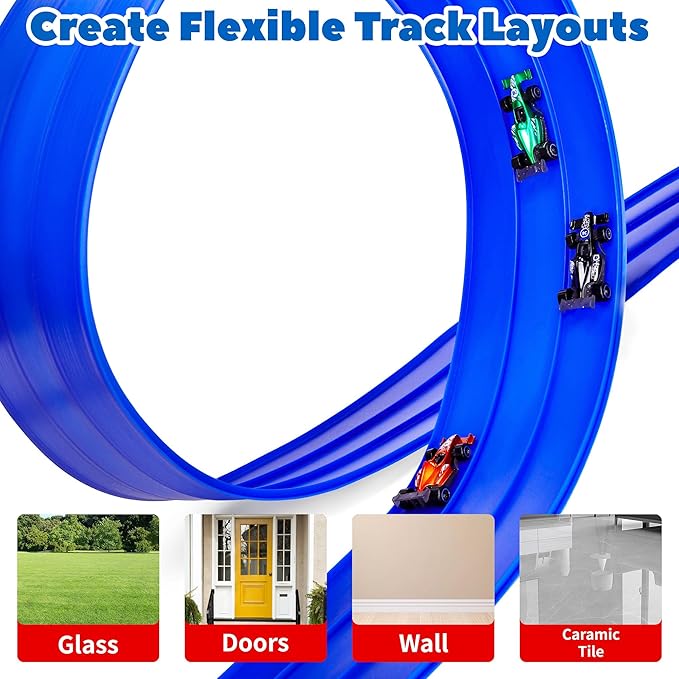 3-Lane Flexible Race Track for Kids with Suction Cups, Race Car Ramp Track & 15ft Race Car Track Compatible 1:64 Diecast Cars,Portable Roll Up Track Toy,Gift Race Track for Kids 3+ (Blue)