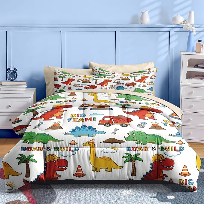 Nesker Dinosaur Comforter Set Twin Size, 5 Pieces Bed in a Bag, Dinosaur Cartoon Bedding Set for Boys, Construction Truck Excavator Comforter Set with 1 Pillowcase & 1 Sham