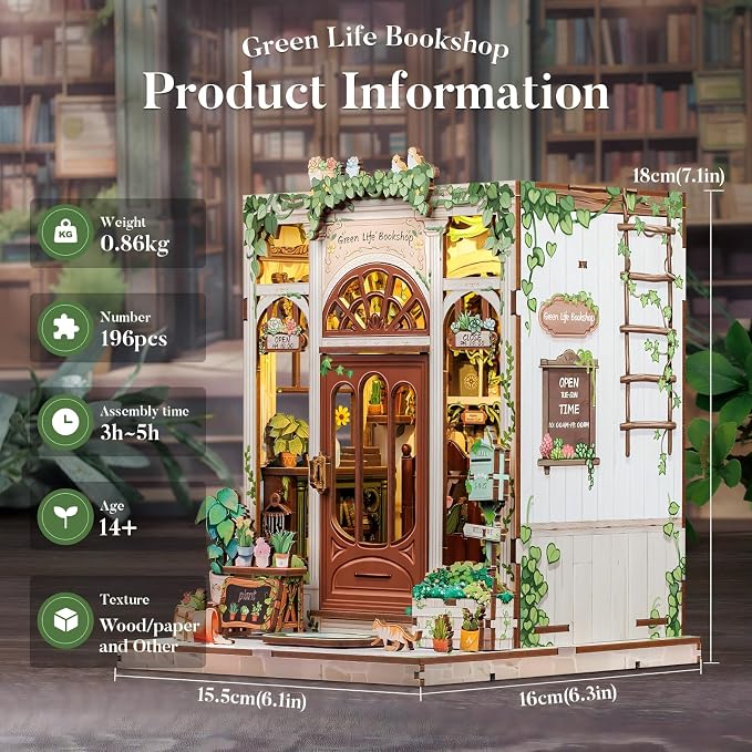 Fsolis Book Nook Kit, 3D Wooden Puzzles for Adults DIY Miniature House Mini Building Kit Booknook Bookstore Bookshelf Diorama Garden Kit Gift for Women Puzzle Lovers (Green Life's Bookshop)