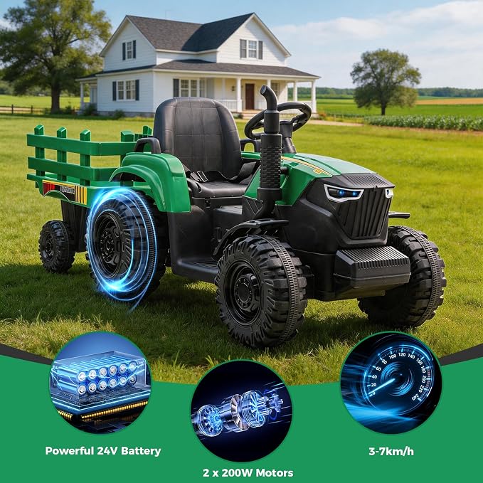 24V Kids Ride-On Tractor with Trailer, 400W Electric Farm Truck with Remote & Pedal Control, Headlights, USB MP3, Power Display, Adjustable Speeds, Safety Belt, Ride-On Toy Gift, Green