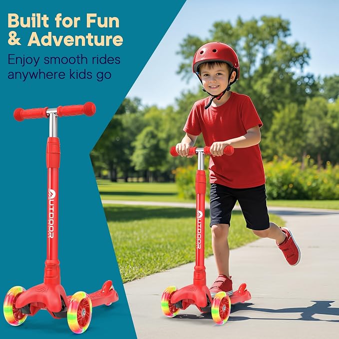 Outdoor Cruiser 3-Wheel Kids Scooter – with Lean-to-Steer Technology, Wide Deck, Led Lighted Wheel, 4-Level Adjustable Height T-bar Handle, Support Kids Up to 150 Lbs, for Boys & Girls Ages 3-8, Red