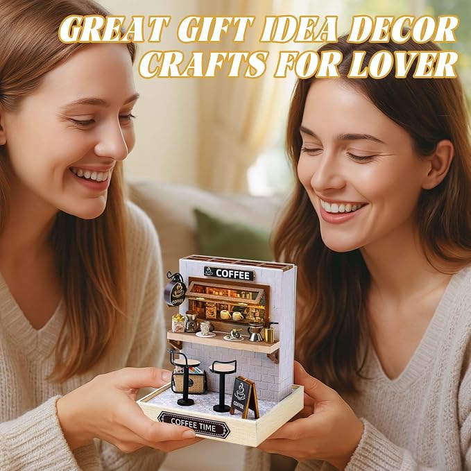 Kisoy Dollhouse Miniature with Furniture Kit, DIY 3D Wooden DIY House Kit with Dust Cover,Handmade Tiny House Toys for Teens Adults Gift (Coffee Time)