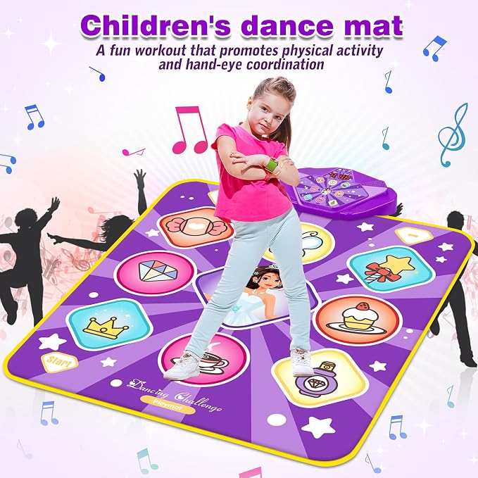 Kusntin Dance Mat, Dance Mixer Rhythm Step Play Mat, Pink Dance Pad with LED Lights, Adjustable Volume, Built-in Music, 5 Game Modes, Xmas Birthday Gifts for 3-10 Years Girls Toys (Purple-Princess)
