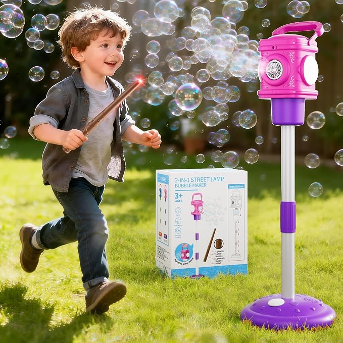 4-in-1 Street Lamp Bubble Machine for Toddlers 1-3 4-8, Bubble Toys Gifts for Kids Boys Girls, Automatic Stand Bubble Maker with R/C Wand, Adjustable Height - Outdoor/Indoor Party Favor