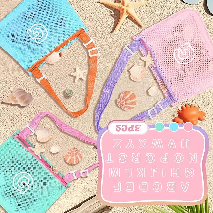 3Pcs Personalized Kids Beach Shell Bag, Initial Seashell Mesh Zipper Beach Pouch, Shell Collecting Bag for Holding Shells with Adjustable Straps, Sand Toys Swim Pouch Gift for Girl Boy Teens(Letter G)