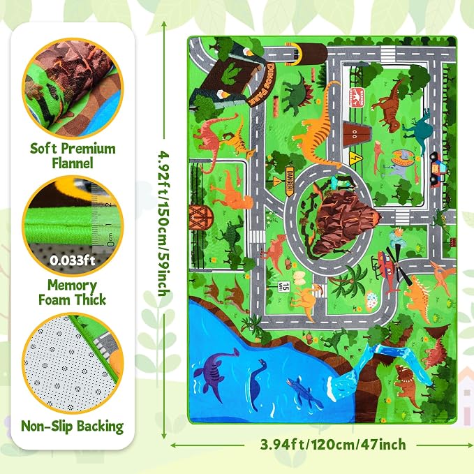 Kids Dinosaur Rug, 3'3" x 4'11" Kids Mat for Playroom– Extra Thick 0.4in Non-Slip Dino Safari Rug Road Play Mat for Classroom and Bedroom, Ideal for Educational Learning Play Areas(for Age 2+)