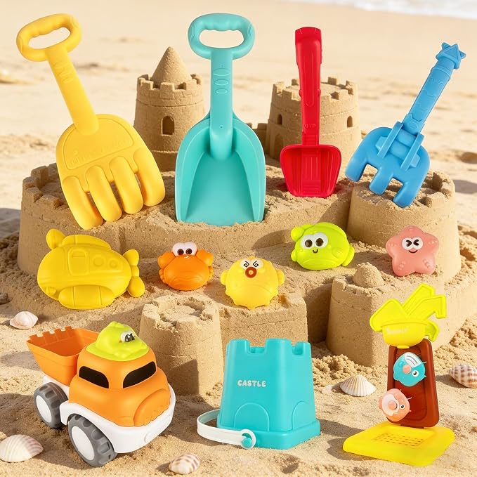 IOKUKI Sand Toys with Mesh Bag Including Dump Truck, Sand Water Wheel, Beach Buckets, Shovels, Rakes, Molds, Outdoor Beach Toys Tool Kit for Kids, Toddlers, Boys and Girls (13 PCS) Age 3+