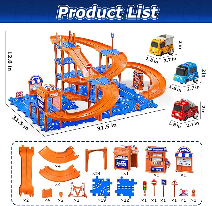 Toddler Toys for 3 4 5 6 Year Old Boys Kids Girls, 96 Pcs Puzzle Track Car Set for Kids Boys Toddlers 3-5 4-6, 4-Tier Puzzle Race Tracks Car Toys Set, Race Track Birthday for Toddlers
