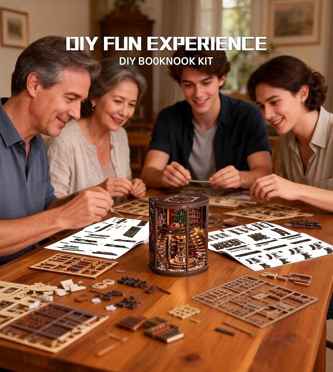 Roroom DIY Miniature House Kit, Wisdom Rings Book Repository Book Nook Kit with LED Light,3D Wooden Puzzle Miniature Dollhouse Kit for Bookshelf Decor-Creative Gift for Family and Friends
