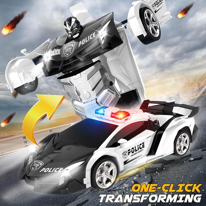 Dolanus Remote Control Police Car - RC Car Transform Robot, Flashing Light, 2.4Ghz, 360 Degree Rotating, Toys for Ages 5-7, Kids Toys, Birthday Gifts for 3 4 5 6 7 8 10 12 Years Old Boy (Black)