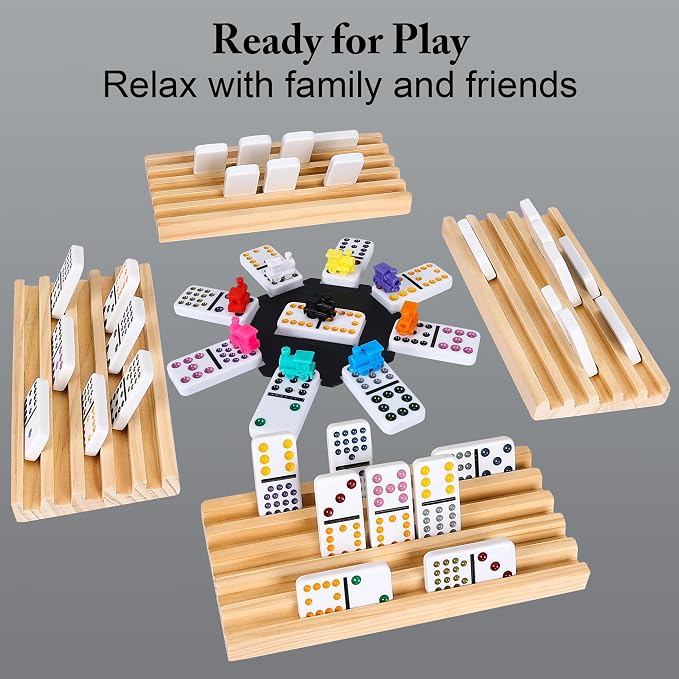 Mexican Train Dominoes Set Double 15, Dominoes Set for Adults and Family, Colored Dot - 136 Tiles in Tin Box, 9 Trains, Hub, 8PCS Wooden Trays