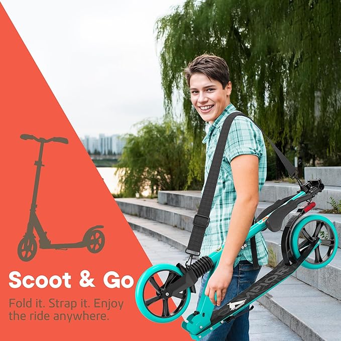 Campior Kick Scooter for Ages 6+, for Kids, Teens, and Adults, Max Load 240 LBS, Foldable, 8-inch Big Wheels for Kids and Adults, with Kickstand, 3 Adjustable Levels, Child Safety Approved, Aqua