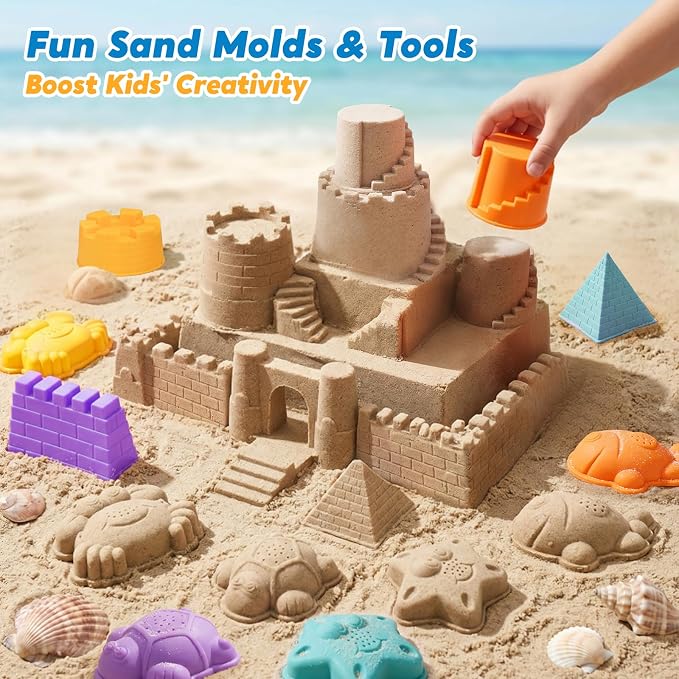 AuntyFey Beach Sand Toys for Toddler 1-3 with Trucks, 2 Collapsible Beach Toys for Kids Ages 4-8, Sandbox Toys for Toddler, Collapsible Beach Sand Buckets with Castle Sand Molds Shovels