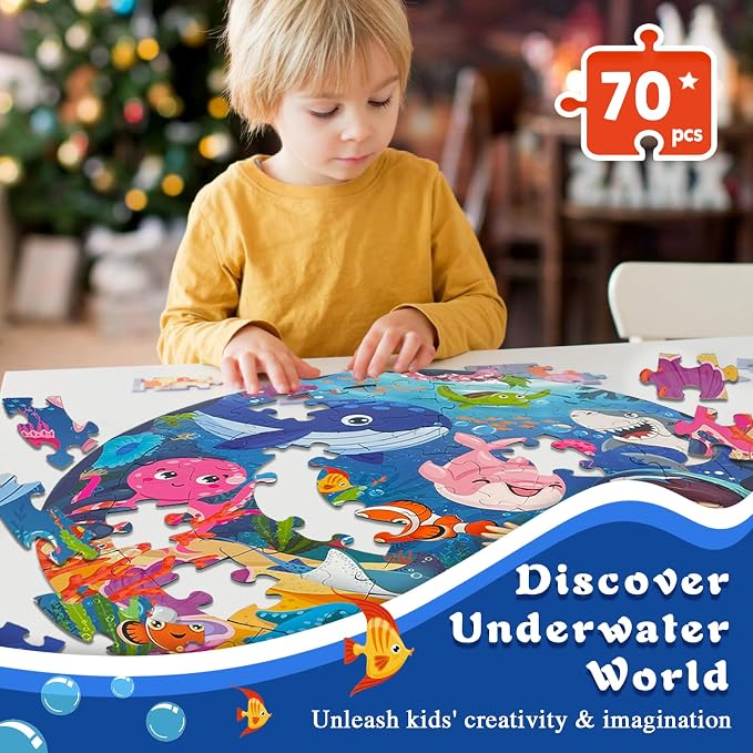 TALGIC Puzzles for Kids Ages 4-6, Large 70 Piece Round Ocean Floor Puzzles, Kids Puzzles 4-6 with Colorful Underwater World, Educational Learning Toys for 3, 4, 5, 6, 7, 8