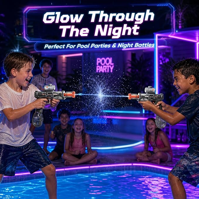 GONINO Electric Water Gun for Kids & Adults, Automatic LED Water Sprayer with Long Range Stream, Leak-Proof Rechargeable Battery Powered Outdoor Pool Toy, Summer Party Gift for Boys Girls, Gray