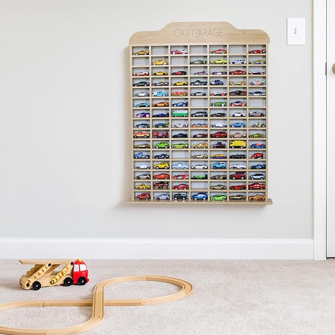 Car Garage Toy Shelf Display - Wall Mount for 1/64 Diecast Toy Cars - Wooden Wheels Shelf - Gift for Collectibles - Wall-Mounted Toy Car Storage Cabinet (105 Cars)