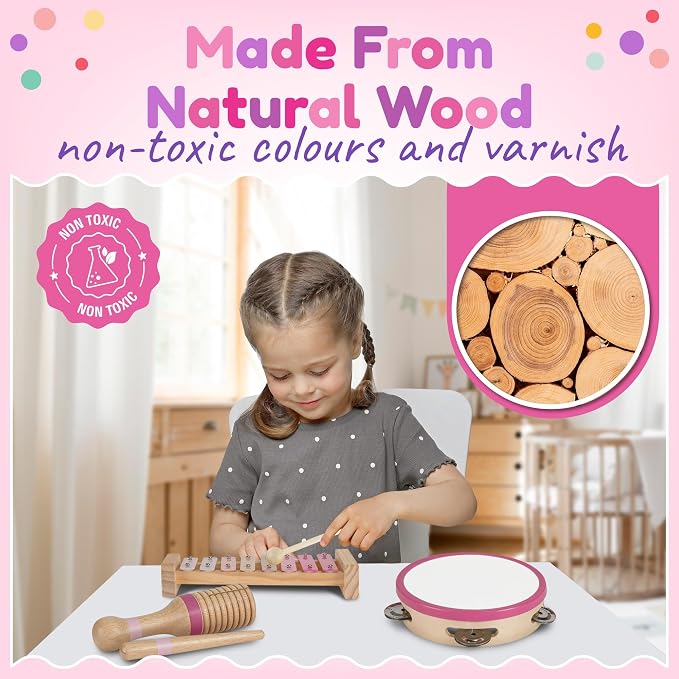 Stoie’s Pink Wooden Musical Instruments for Toddlers Ages 3+, Montessori Music Toy Set with Xylophone, Tambourine, Maracas & Triangle, Educational Preschool Toys for Girls & Boys