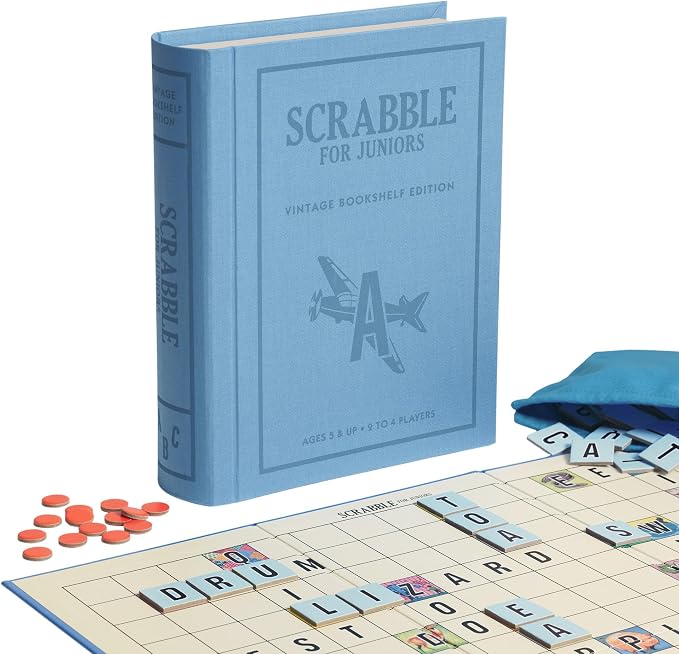 WS Game Company Scrabble for Juniors Vintage Bookshelf Edition: Linen Fabric-Wrapped Book Case — Educational Scrabble Jr. Board Game for Kids and Families (2-4 Players, Ages 5+)