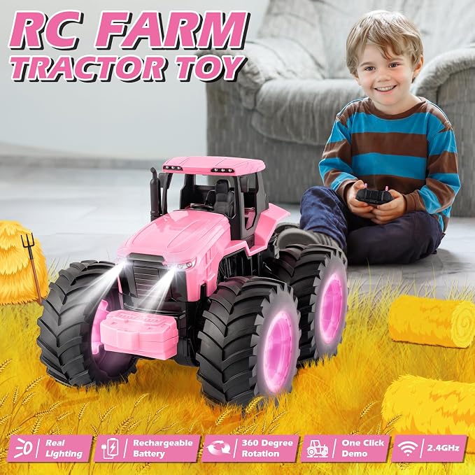 Remote Control Tractor Toys, Light Up Farm Monster Trucks Toy for Boys & Girls 3, 4, 5, 6, 7 Year Old, 2.4 Ghz RC Tractor Toys, Ideal Christmas, Birthday Gifts for Kids