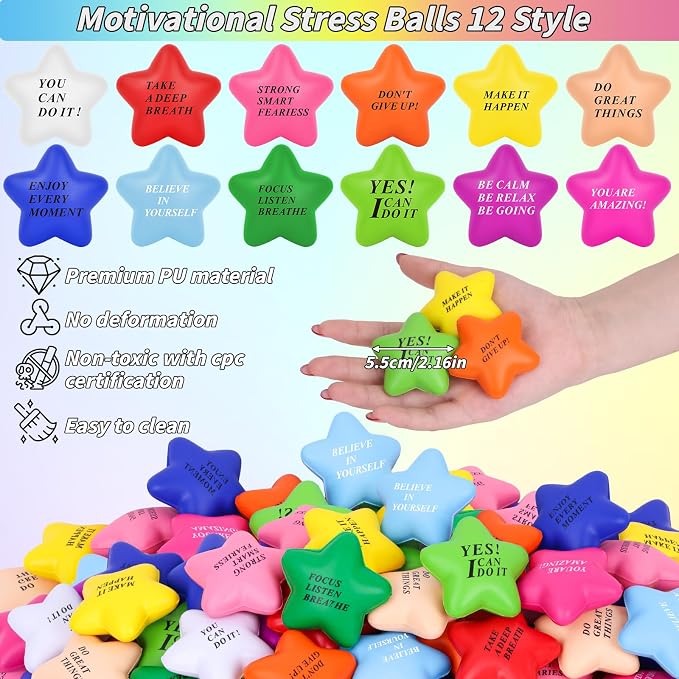 96 Pieces Star Motivational Stress Balls 2 Inch Inspirational Stress Relief Ball Bulk Hand Exercise Balls Encouraging Blue Foam Balls Anxiety Small Balls with Quotes for Kids Adults Teens, 12 Styles