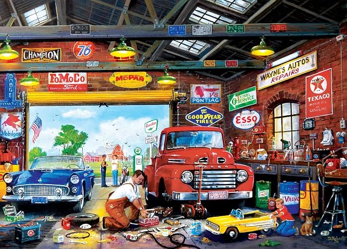 MasterPieces - 1000 Piece Jigsaw Puzzle, Wayne’s Garage, Fun for Adults, Family, Kids, Matte Finish, 19.25" x 26.75"