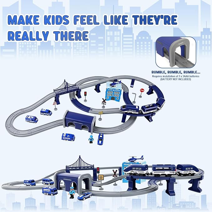Wdmiya Train Set for Toddlers, 92 Pcs Train Toys for Kids Ages 3-8, Electric Trains Sets with Tracks (Magnetic Connection), Battery Operated Trains Birthday Gift for 3 4 5 6 7 8 (Police 92 Pcs)