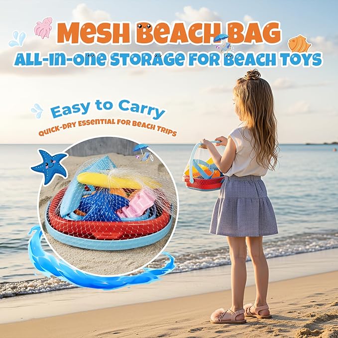 Beach Sand Toys Set for Toddlers, Portable Travel Beach Toys with Collapsible Bucket, Shovel, Rake, 3 Molds & Mesh Storage Bag for Kids, Summer Gift