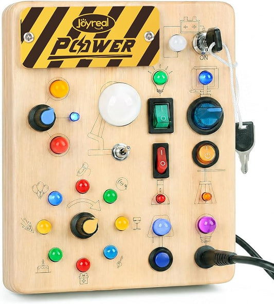 Joyreal Busy Board for Toddlers 1-3 - Montessori Toys for 1 2 3 Year Old, Wooden Sensory Activity Board with 10 Switches&19 Lights, Ideal Educational Travel Toy Gift for 1+ Year Old Boy&Girl Birthday