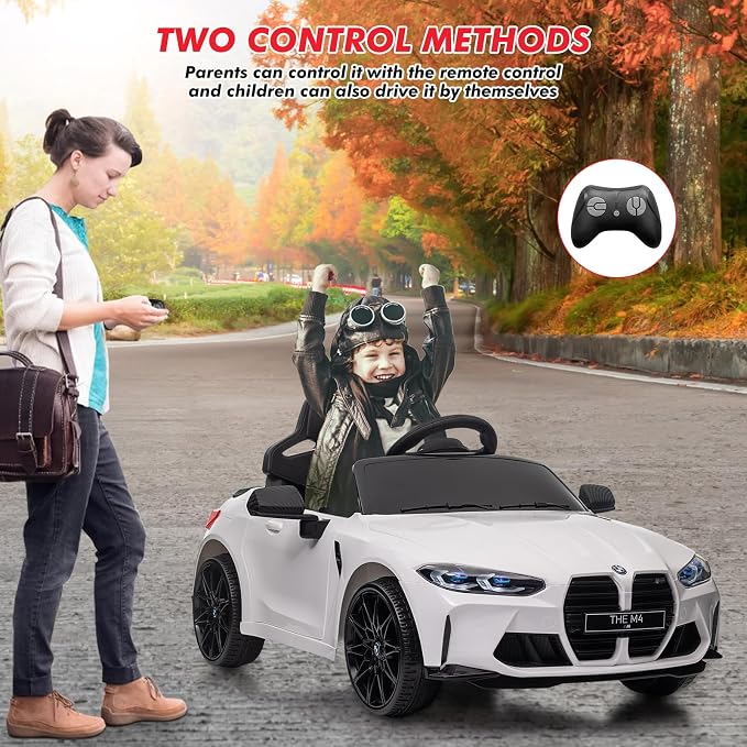 12V Ride On Car for Kids，Licensed BMW M4 Battery Powered Vehicle Car for Boys and Girls, with Remote Control,3 Speed,Led Light,(White)