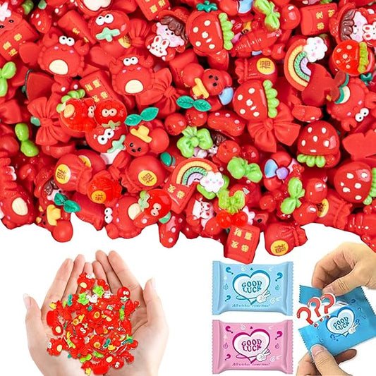 50 Pcs Red Series Mystery Mini Resin Blind Bag – Cute Tiny Figurines for Collecting, DIY Crafts, Dollhouse Decor, Christmas Stocking Stuffers & Holiday Surprise Gifts