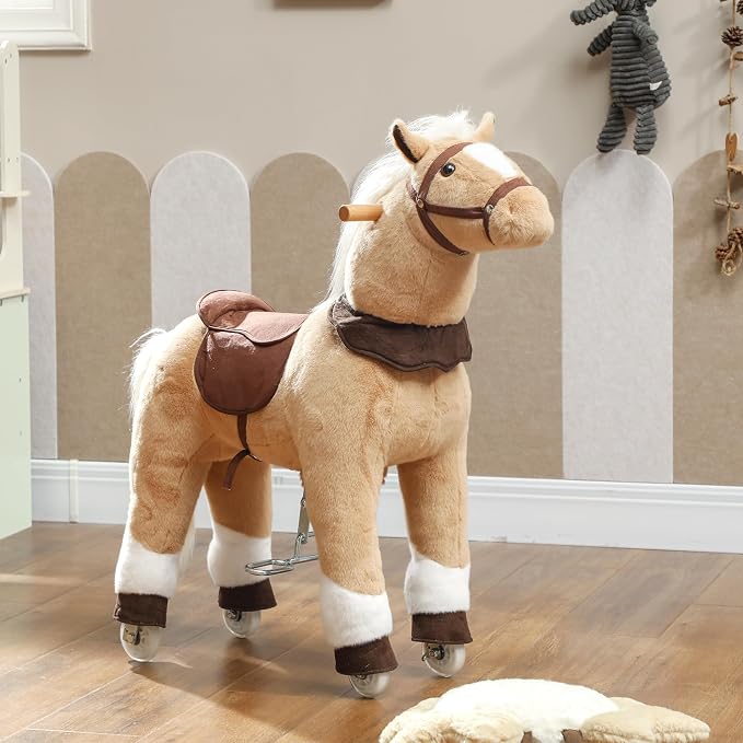 Qaba Ride on Horse for Kids 3-5 Years, 31.5 Inch Height Plush Riding Pony, Walking Horse Animal with Rolling Wheels for Active Play, No Batteries Required, Brown