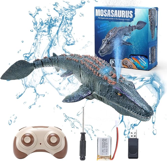 fromeasy Remote Control Dinosaur Toys for Kids 3 4 5 6 7, Mosasaurus Diving Toys RC Boat with Light and Spray Water for Swimming Pool Lake Bathroom Ocean Protector Bath Toys