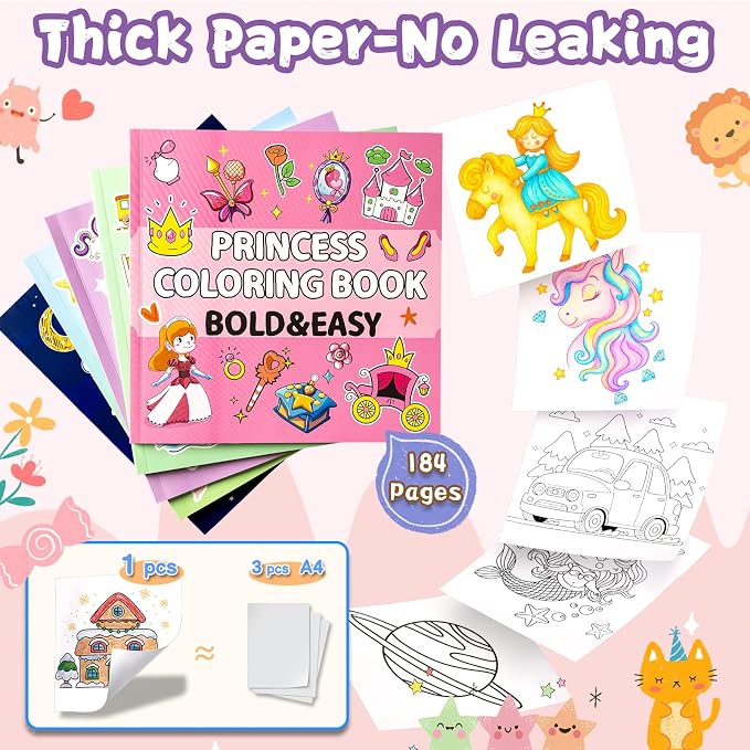 KIDS KING Coloring Book Kit, 5 Themes: Princess | Unicorn | Mermaid | Space | Transportation, Contains Colored Pencils Cute Styles for Painting, Arts & Crafts for Adult and Younger