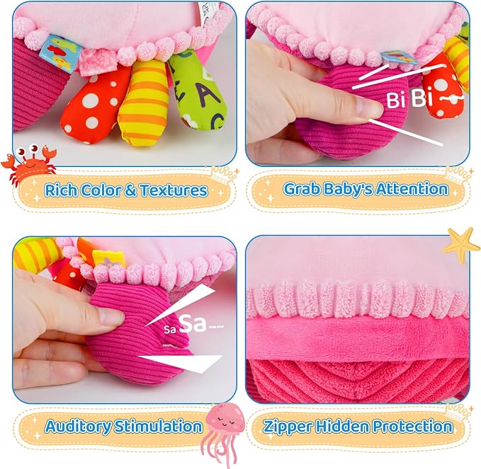 Baby Toys 6-12-18 Months, Pink Crawling Crab Tummy Time Toy, Rechargeable Musical Plush Toy with 50 Songs & Voice Recorder, Dancing Bouncing Interactive Baby Girl Sensory Toddler Toys 1 Year Old Gift
