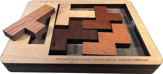Creative Crafthouse Five Fit Small Stewart Coffin Wood Packing Puzzle, Hard | Slot every piece into one tray for a deceptively tough solve. A desk display and gift for serious solvers, made in USA