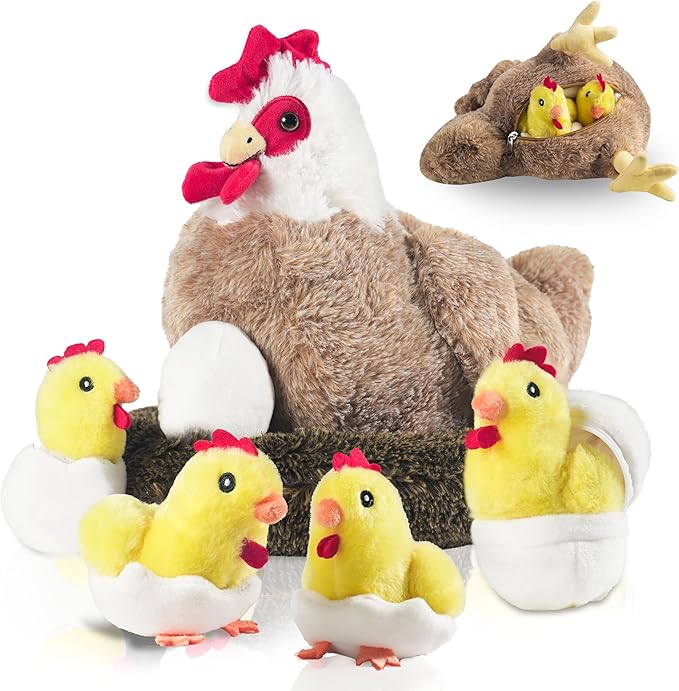 9 in 1 Chicken Stuffed Animal, Stuffed Chicken Toys for Kids Zippered Egg Laying Hen Chicken Plush with Baby Chicks, Eggs and Coop for Christmas Birthday Gifts Farm Party Decors